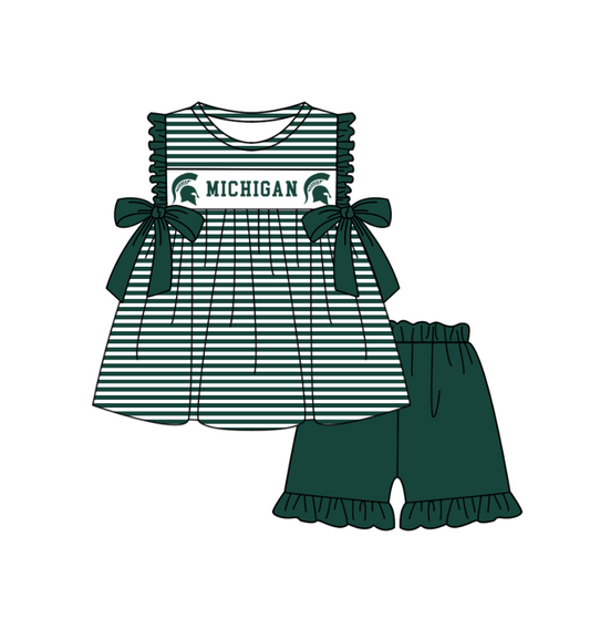1.31 Custom Order Moq 3 Baby Girl Michigan Team Bows Stripe Tunic Top Ruffle Shorts Clothes Sets