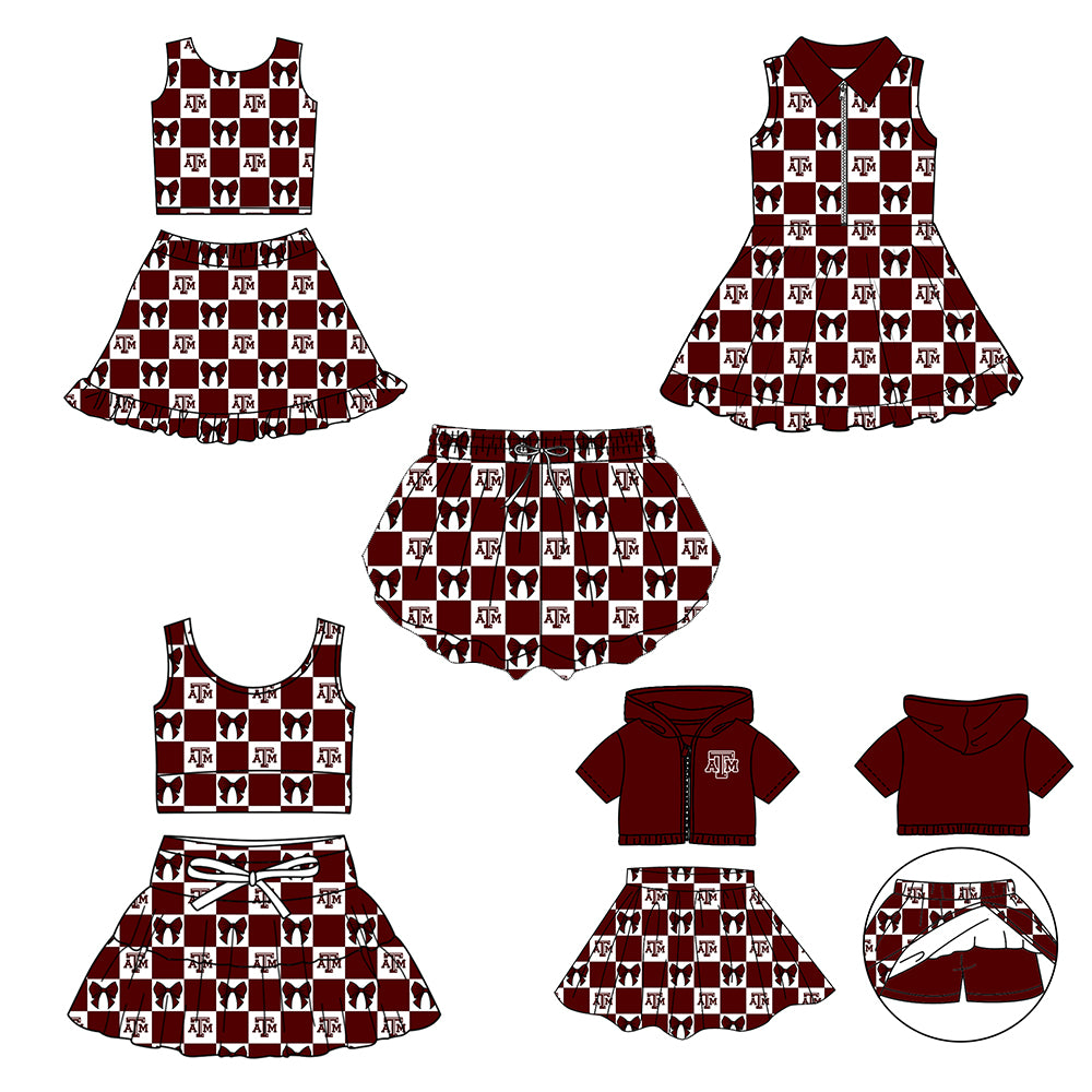 Custom Milk Silk Order MOQ:3 or 5 pcs Each Design Team State Girl Summer Bow Dark red Sleeveless Skirts Sets 3 and dress and shorts-26.1.20