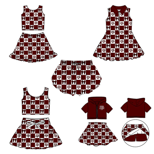 Custom Milk Silk Order MOQ:3 or 5 pcs Each Design Team State Girl Summer Bow Dark red Sleeveless Skirts Sets 3 and dress and shorts-26.1.20