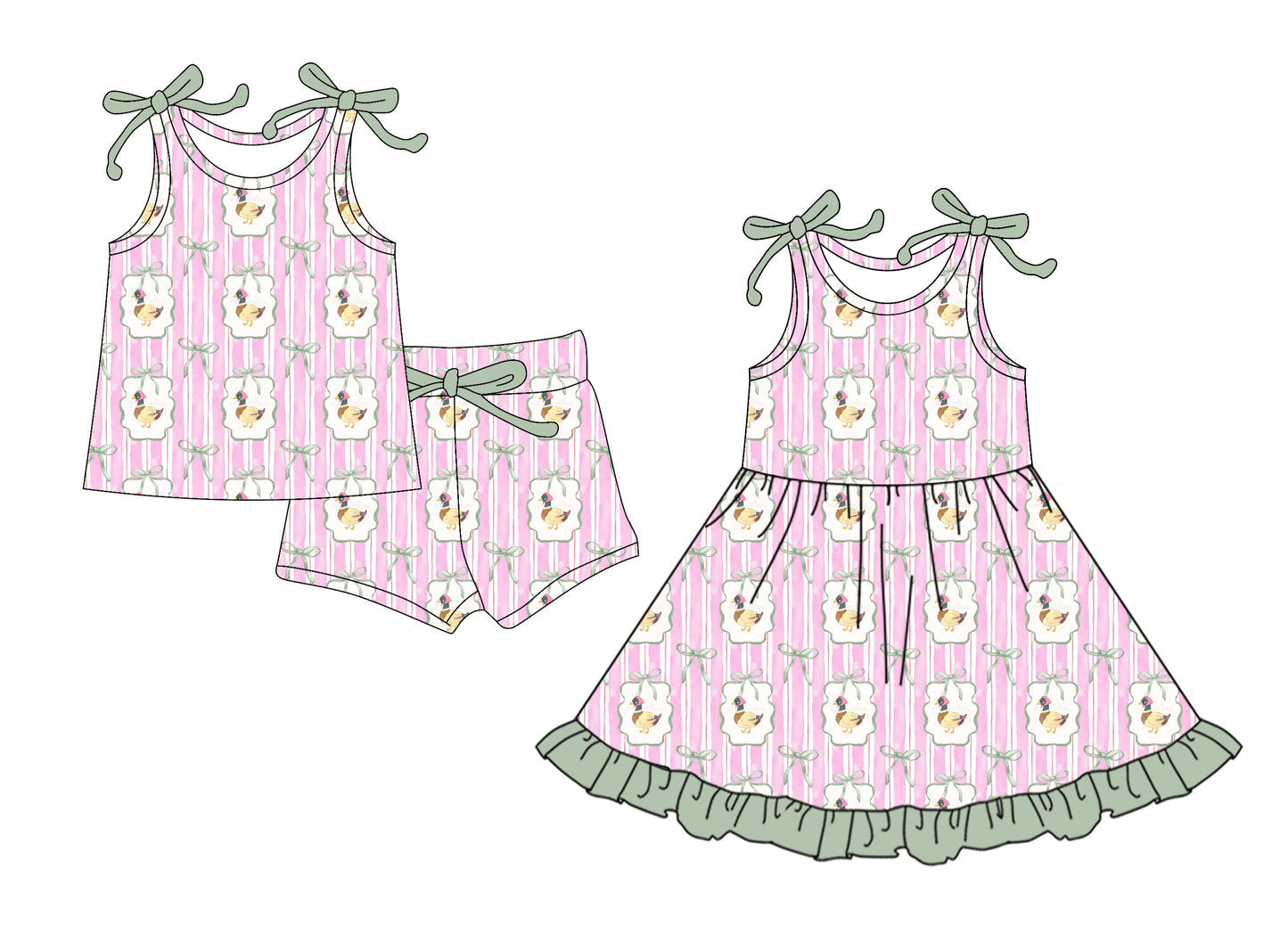 26.1.16 Custom (Moq 3 or 5) Sibling Baby Girl Clothes Mallard Bow Short Sleeve Shorts Sets and Dress