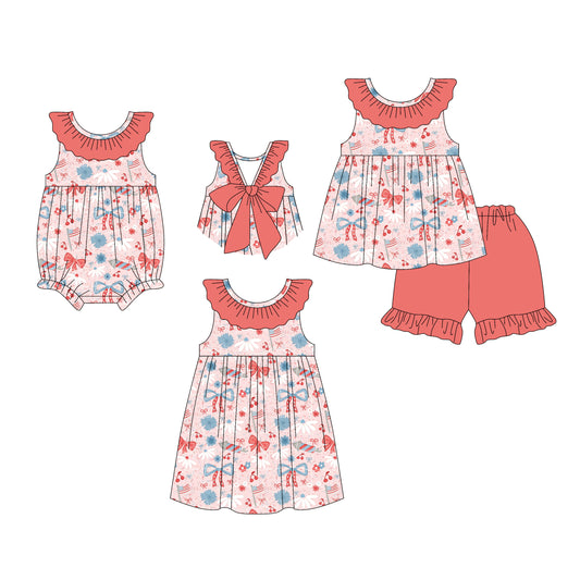 26.1.2 Custom MOQ:3 or 5 pcs each design milk silk Sibling baby girl clothes bow flag short sleeve shorts sets and dress and romper