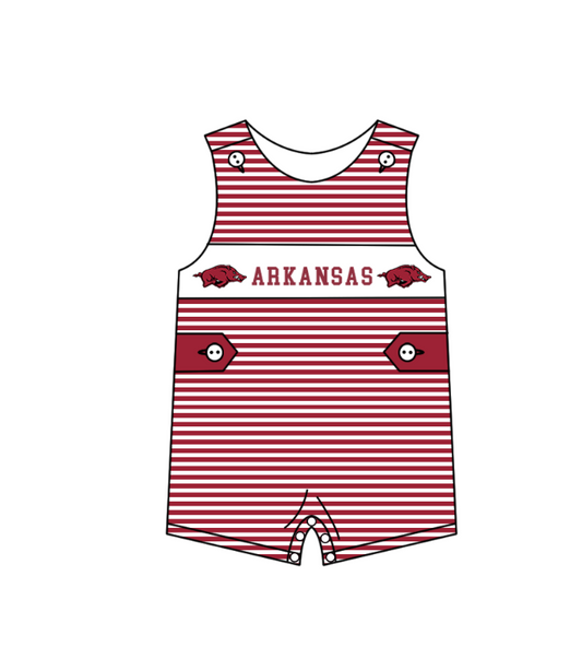 1.29 Custom Order Moq 3 Baby Boy Sleeveless Stripes Button Arkansas Team Bubble Rompers