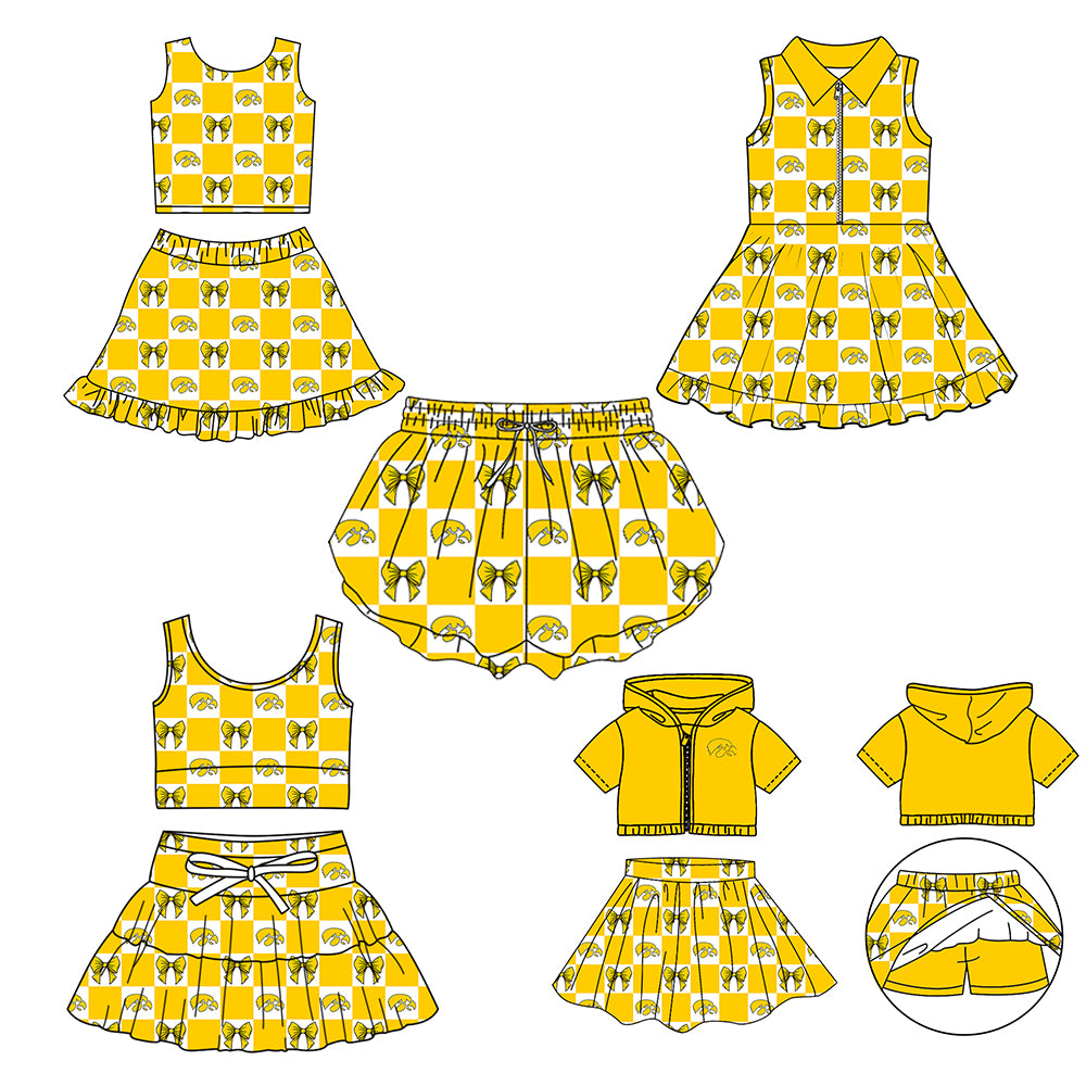 Custom Milk Silk Order MOQ:3 or 5 pcs Each Design Team State Girl Summer Bow Yellow Sleeveless Skirts Sets 3 and dress and shorts-26.1.21