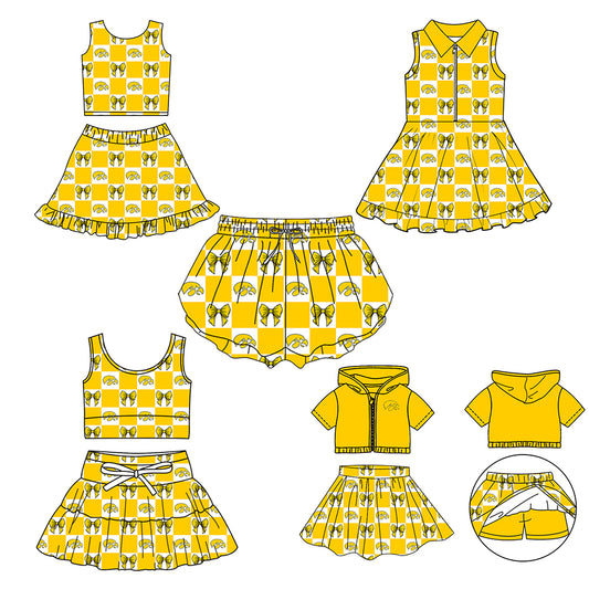 Custom Milk Silk Order MOQ:3 or 5 pcs Each Design Team State Girl Summer Bow Yellow Sleeveless Skirts Sets 3 and dress and shorts-26.1.21