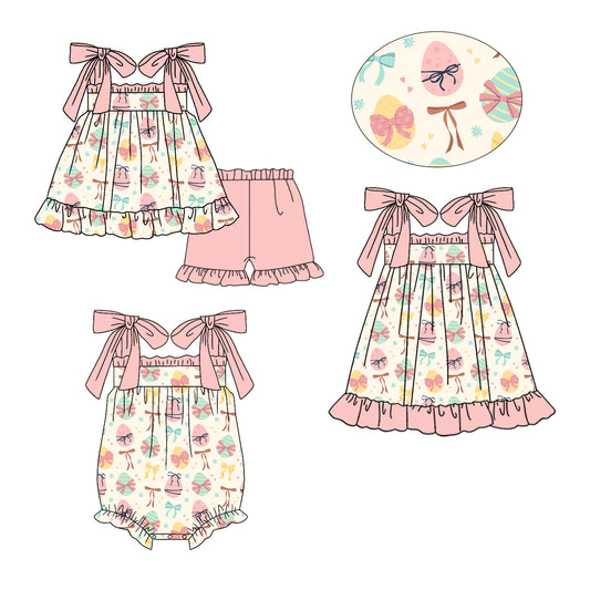 26.1.9 Custom MOQ:3 or 5 pcs each design milk silk Sibling baby girl clothes eggs bow short sleeve shorts sets and dress and romper