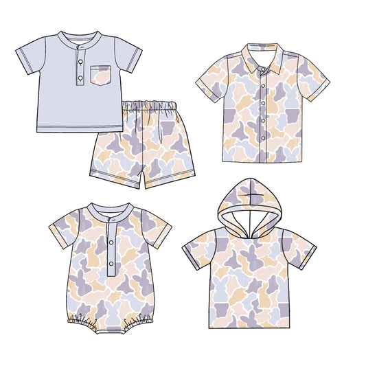 26.1.15 Custom MOQ:3 or 5 pcs each design milk silk Sibling baby boy clothes camouflage bunny short sleeve shorts sets and tops 2 and romper
