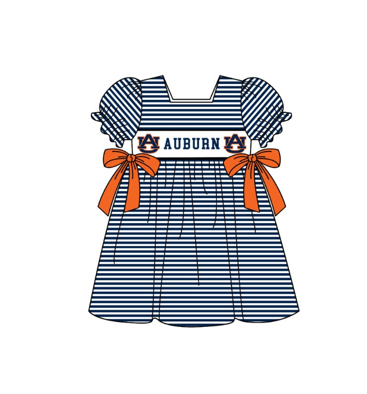 1.30 Custom Order Moq 3 Baby Girl AU AUBURN Team Bows Stripe Ruffle Knee Length Dresses