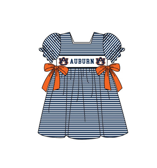 1.30 Custom Order Moq 3 Baby Girl AU AUBURN Team Bows Stripe Ruffle Knee Length Dresses