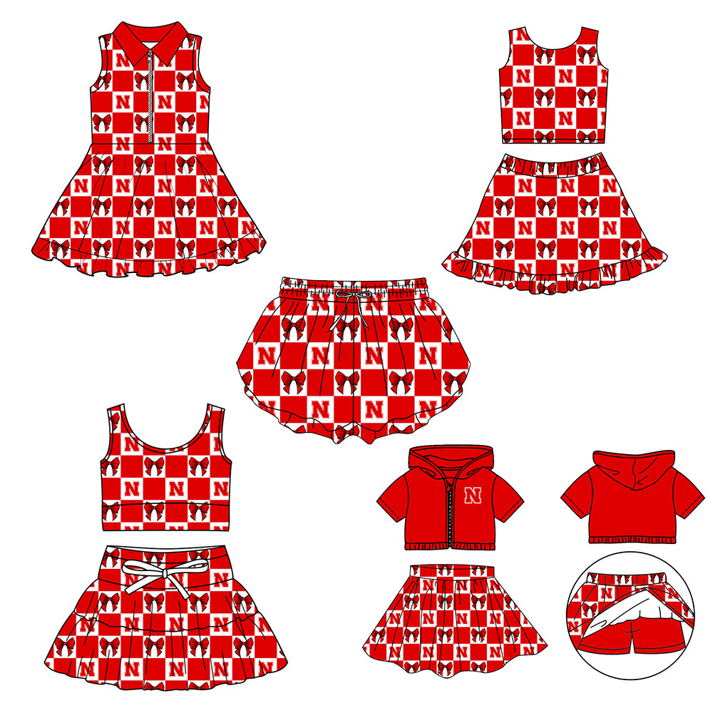 Custom Milk Silk Order MOQ:3 or 5 pcs Each Design Team State Girl Summer Bow Red Sleeveless Skirts Sets 3 and dress and shorts-26.1.22