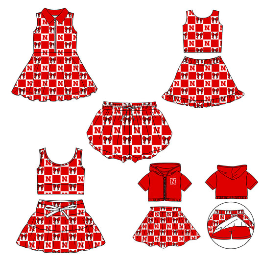 Custom Milk Silk Order MOQ:3 or 5 pcs Each Design Team State Girl Summer Bow Red Sleeveless Skirts Sets 3 and dress and shorts-26.1.22