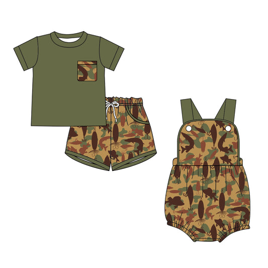 26.1.6 Custom MOQ:3 or 5 pcs each design milk silk Sibling baby boy clothes camouflage short sleeve shorts sets and romper