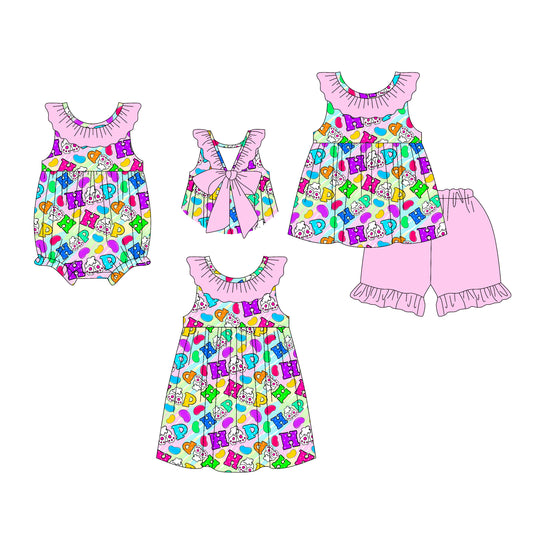 26.1.5 Custom MOQ:3 or 5 pcs each design milk silk Sibling baby girl clothes easter HAPPY short sleeve shorts sets and dress and romper