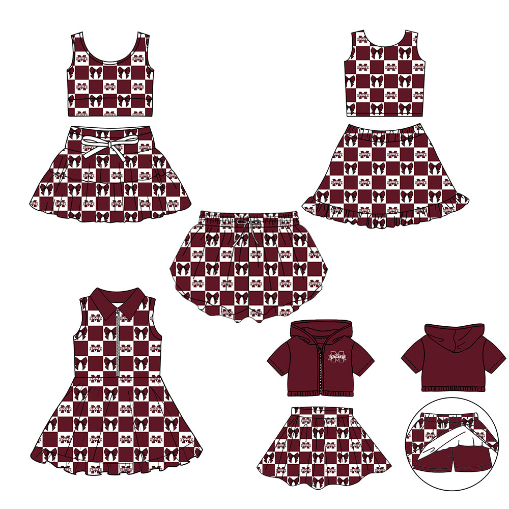 Custom Milk Silk Order MOQ:3 or 5 pcs Each Design Team State Girl Summer Bow Dark Red Sleeveless Skirts Sets 3 and dress and shorts-26.1.19