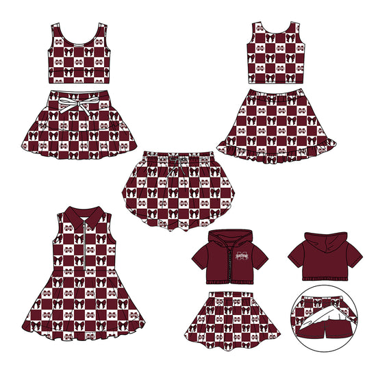 Custom Milk Silk Order MOQ:3 or 5 pcs Each Design Team State Girl Summer Bow Dark Red Sleeveless Skirts Sets 3 and dress and shorts-26.1.19