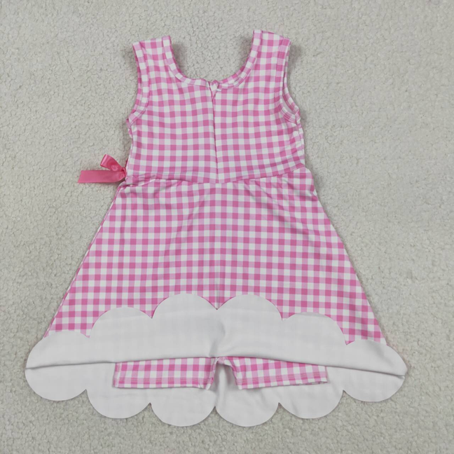 GSD3779 Kids Baby Girls Pink Checked Yoga Active Shorts Scallop Knee Length Dresses