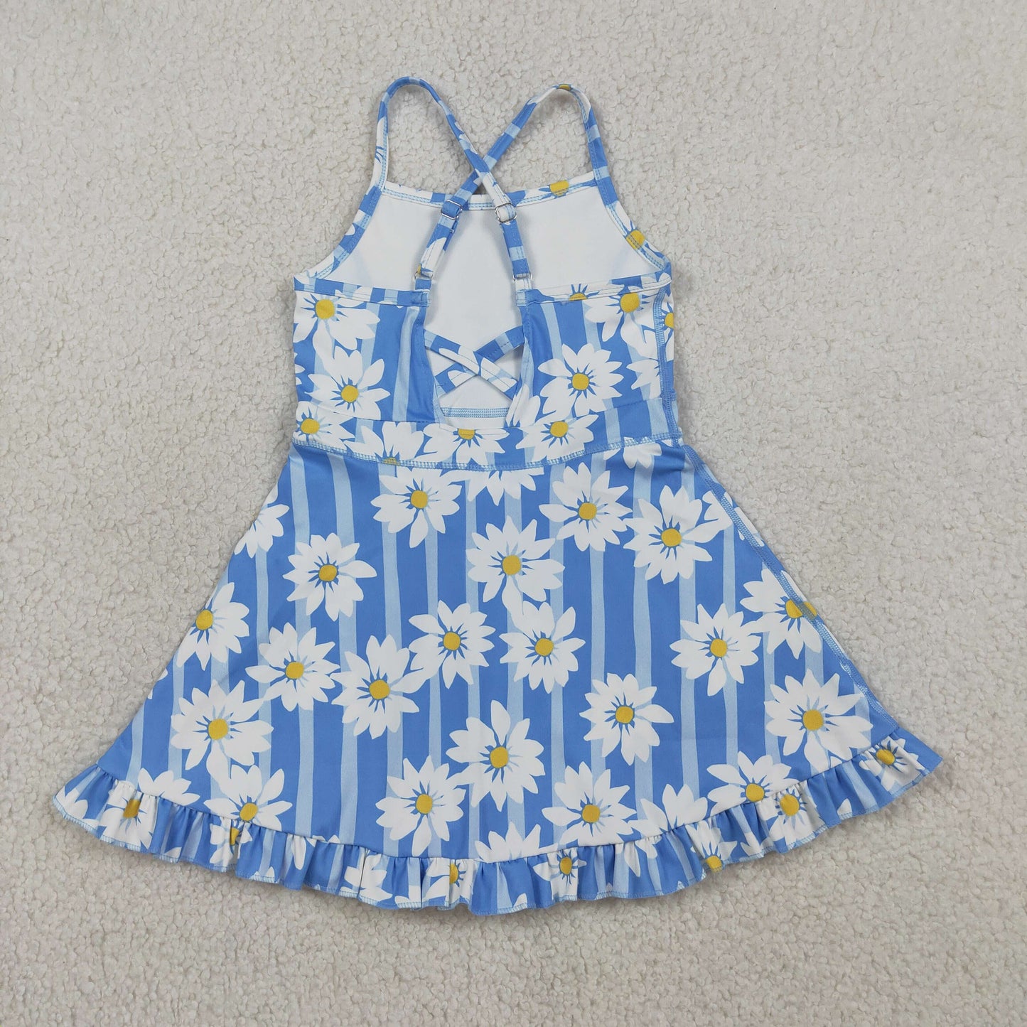 GSD2283 Kids Baby Girl Blue Strap Stripe Floral Yoga Ruffle Knee Length Dresses