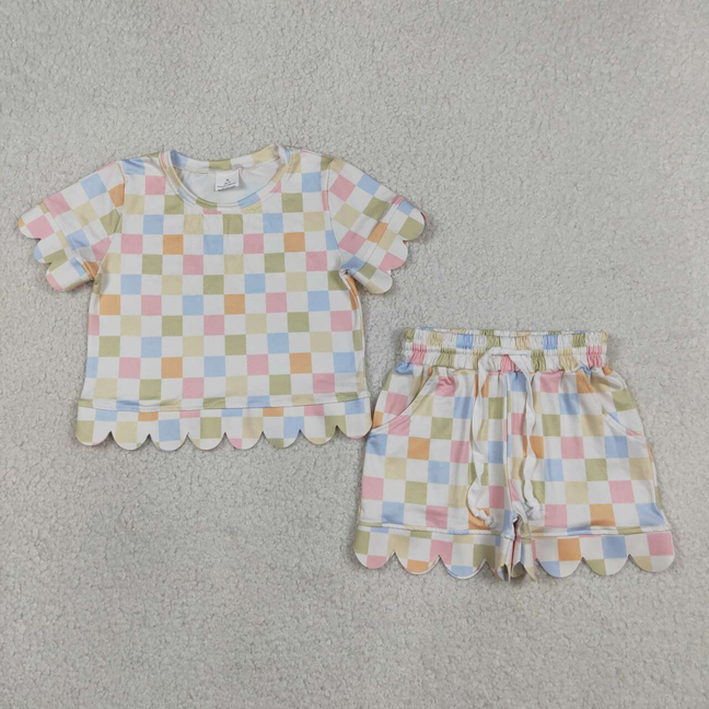 GSSO3419 Kids Baby Girls Colorful Checked Top Pockets Shorts Scallop Clothes Set