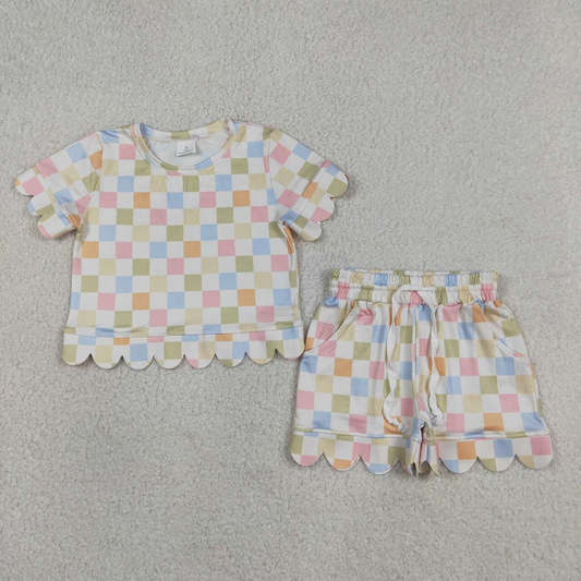 GSSO3419 Kids Baby Girls Colorful Checked Top Pockets Shorts Scallop Clothes Set