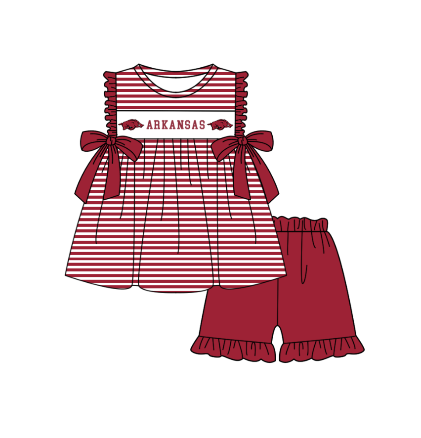 1.29 Custom Order Moq 3 Baby Girl Arkansas Team Bows Stripe Tunic Top Ruffle Shorts Clothes Sets