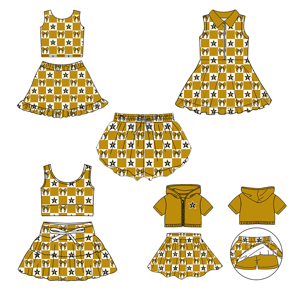 Custom Milk Silk Order MOQ:3 or 5 pcs Each Design Team State Girl Summer Bow Khaki Sleeveless Skirts Sets 3 and dress and shorts-26.1.20