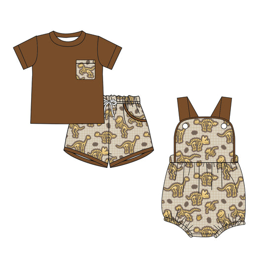 26.1.12 Custom MOQ:3 or 5 pcs each design milk silk Sibling baby boy clothes dinosaur short sleeve shorts sets and romper
