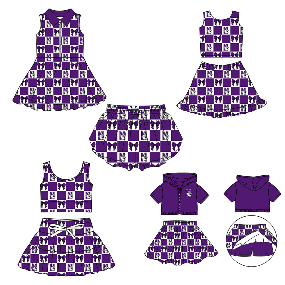 Custom Milk Silk Order MOQ:3 or 5 pcs Each Design Team State Girl Summer Bow Purple Sleeveless Skirts Sets 3 and dress and shorts-26.1.22