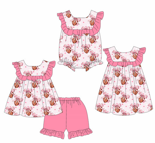 26.1.14 Custom MOQ:3 or 5 pcs each design milk silk Sibling baby girl clothes rugby bow short sleeve shorts sets and dress and romper