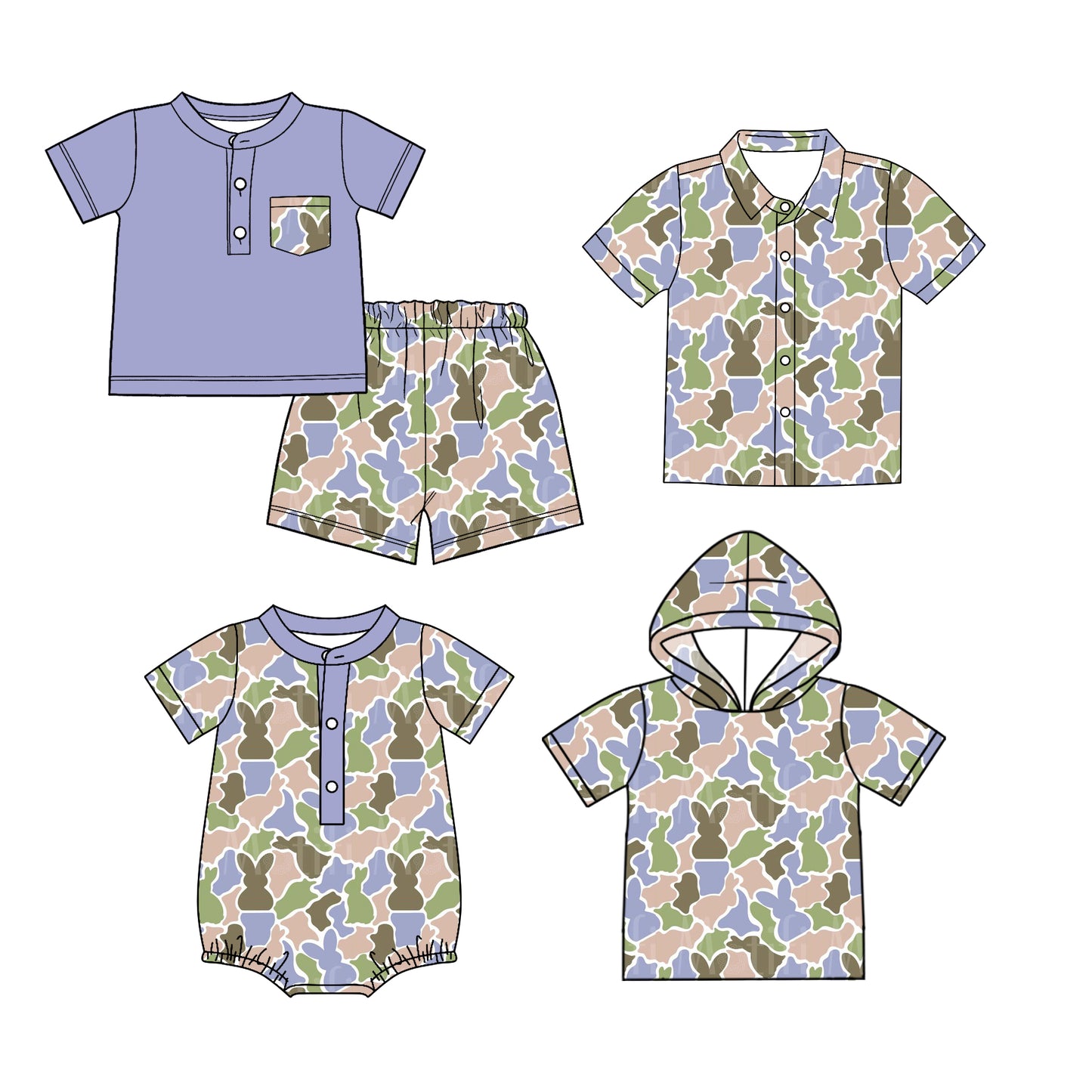 26.1.15 Custom MOQ:3 or 5 pcs each design milk silk Sibling baby boy clothes camouflage bunny short sleeve shorts sets and tops 2 and romper