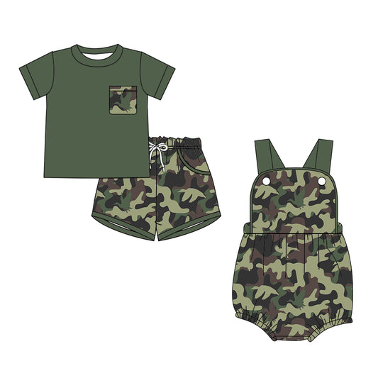 26.1.6 Custom MOQ:3 or 5 pcs each design milk silk Sibling baby boy clothes camouflage short sleeve shorts sets and romper
