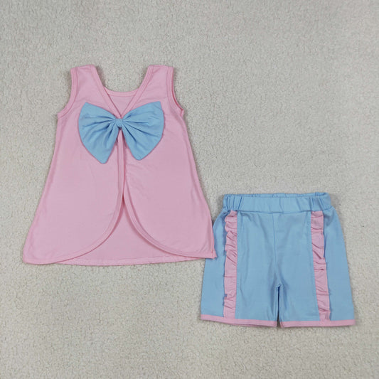 GSSO3462 Kids Baby Girls Pink Sleeveless Back Bows Tunic Ruffle Shorts Clothes Sets