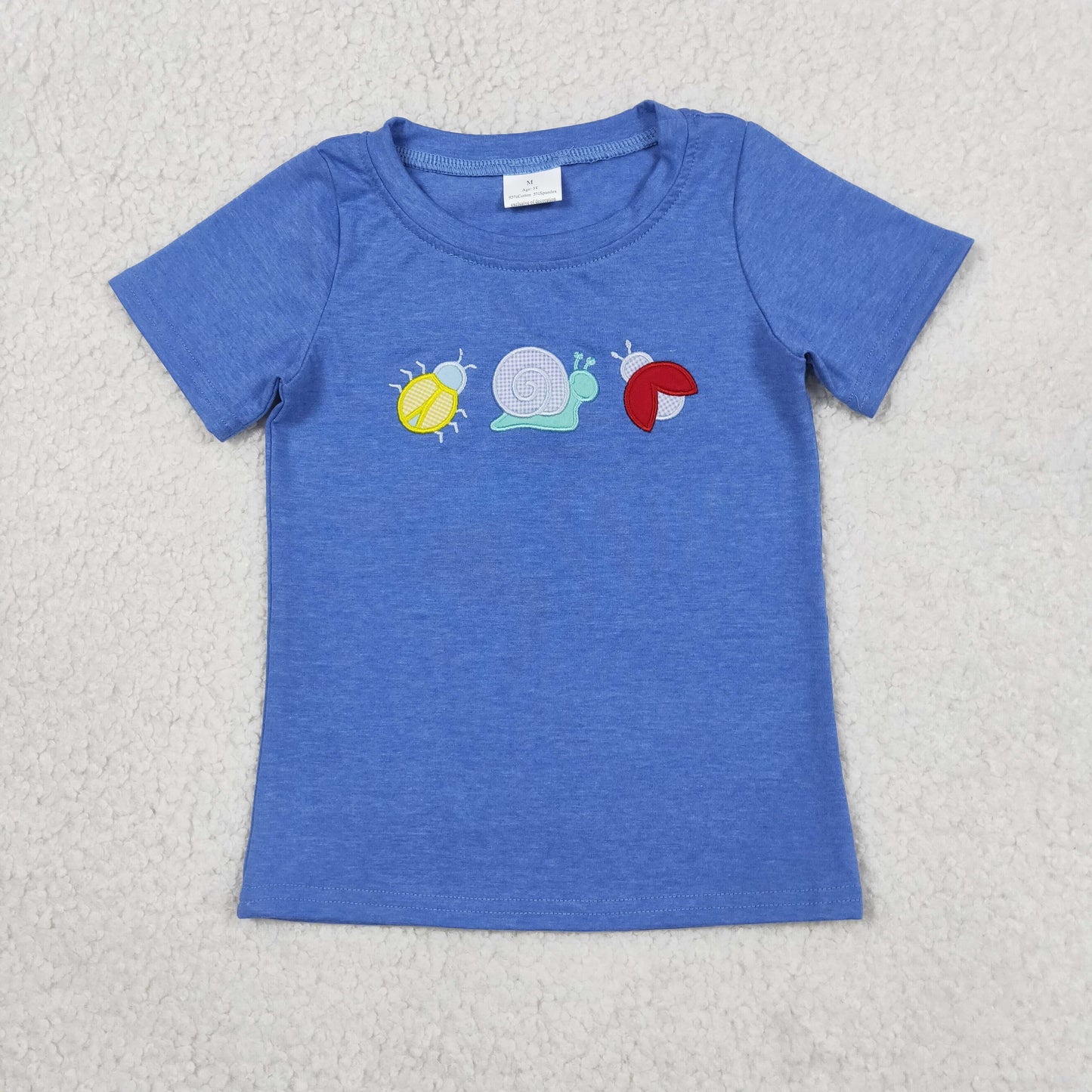 BT1725 Kids Embroidery Ladybirds Snails Baby Boys Blue Short Sleeve T-shirts Top