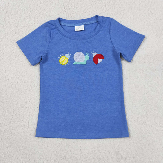 BT1725 Kids Embroidery Ladybirds Snails Baby Boys Blue Short Sleeve T-shirts Top