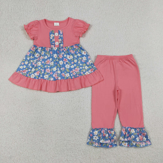 GSPO1814 Kids Baby Girls Colorful Flowers Button Tunic Ruffle Pants Clothing Sets