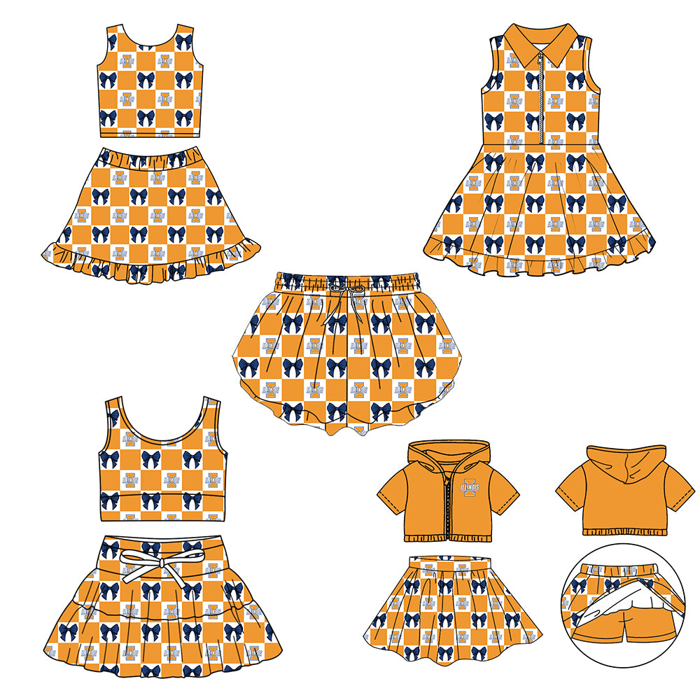 Custom Milk Silk Order MOQ:3 or 5 pcs Each Design Team State Girl Summer Bow Orange Sleeveless Skirts Sets 3 and dress and shorts-26.1.20