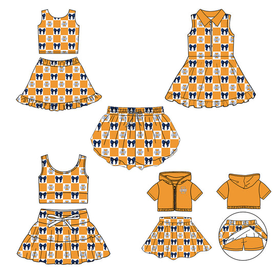 Custom Milk Silk Order MOQ:3 or 5 pcs Each Design Team State Girl Summer Bow Orange Sleeveless Skirts Sets 3 and dress and shorts-26.1.20