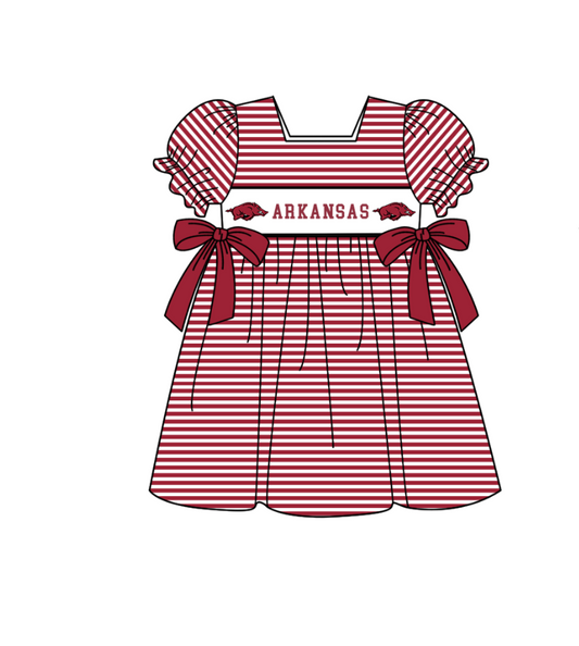 1.29 Custom Order Moq 3 Baby Girl Arkansas Team Bows Stripe Ruffle Knee Length Dresses