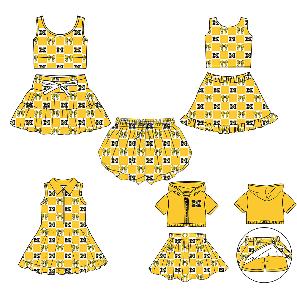 Custom Milk Silk Order MOQ:3 or 5 pcs Each Design Team State Girl Summer Bow Yellow Sleeveless Skirts Sets 3 and dress and shorts-26.1.19