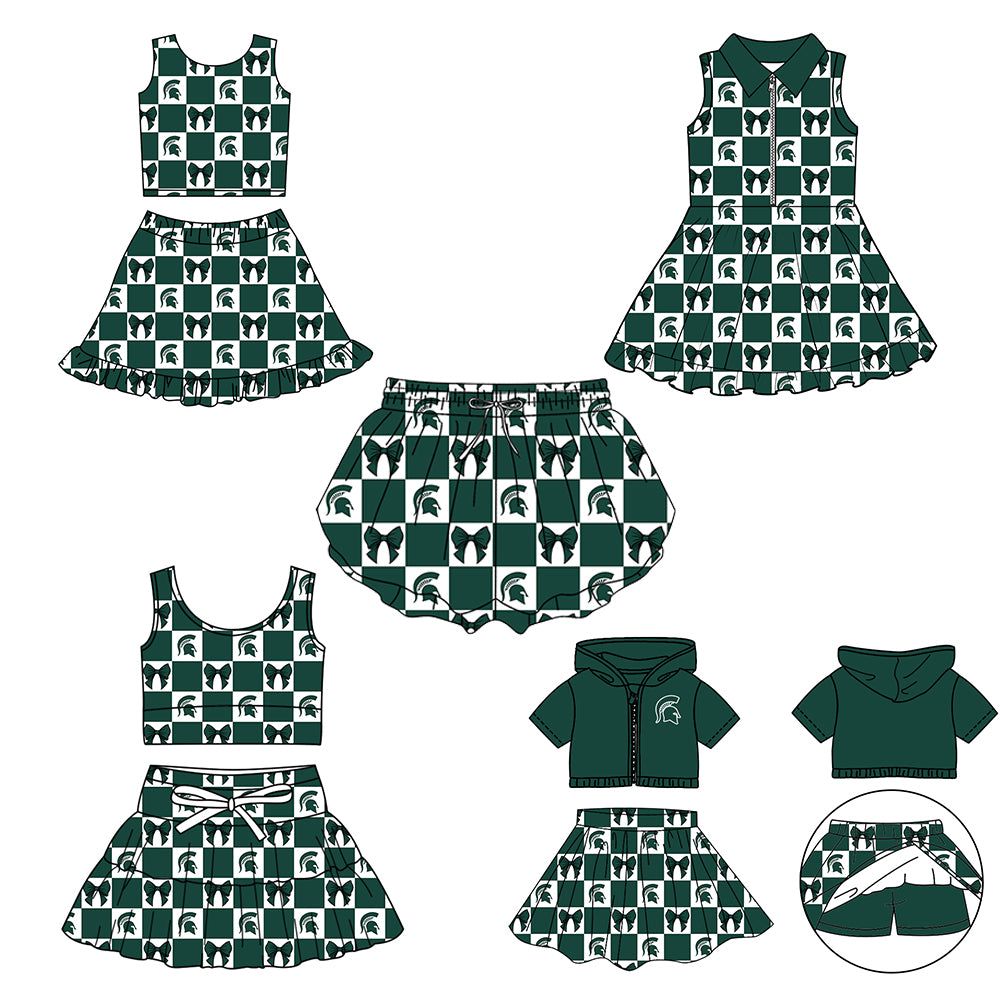 Custom Milk Silk Order MOQ:3 or 5 pcs Each Design Team State Girl Summer Bow Dark Green Sleeveless Skirts Sets 3 and dress and shorts-26.1.21