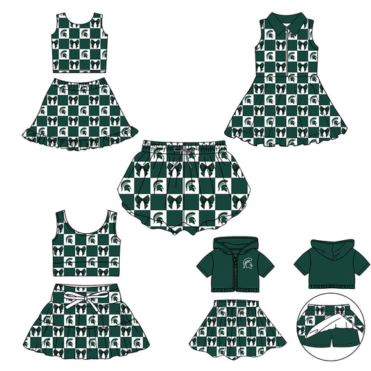 Custom Milk Silk Order MOQ:3 or 5 pcs Each Design Team State Girl Summer Bow Dark Green Sleeveless Skirts Sets 3 and dress and shorts-26.1.21
