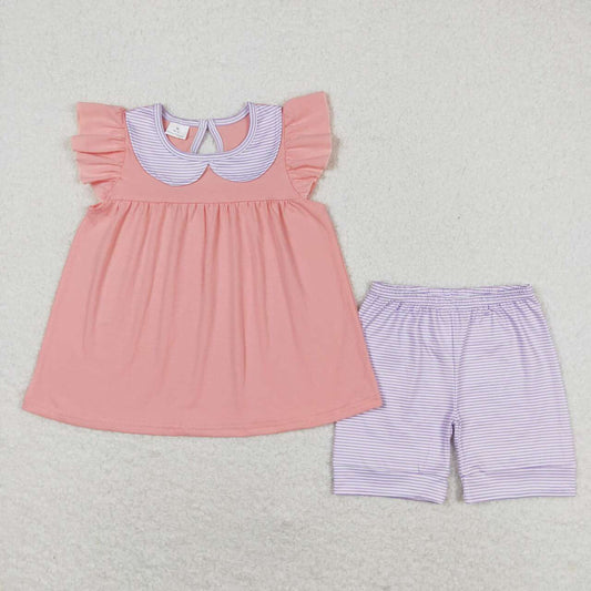 GSSO1066 Purple striped doll collar pink-orange flying sleeve shorts suit