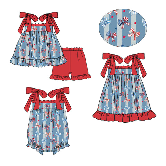26.1.9 Custom MOQ:3 or 5 pcs each design milk silk Sibling baby girl clothes bow short sleeve shorts sets and dress and romper