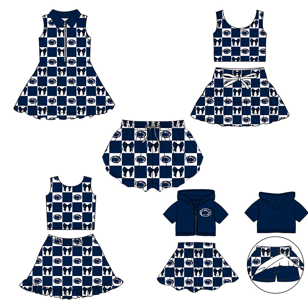 Custom Milk Silk Order MOQ:3 or 5 pcs Each Design Team State Girl Summer Bow Dark Blue Sleeveless Skirts Sets 3 and dress and shorts-26.1.23