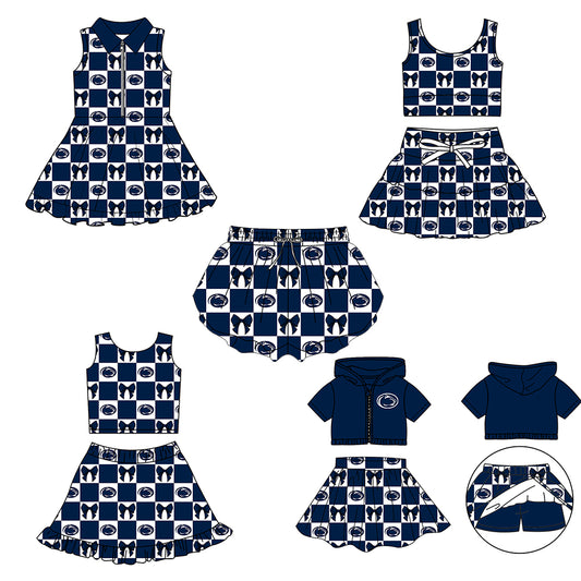 Custom Milk Silk Order MOQ:3 or 5 pcs Each Design Team State Girl Summer Bow Dark Blue Sleeveless Skirts Sets 3 and dress and shorts-26.1.23