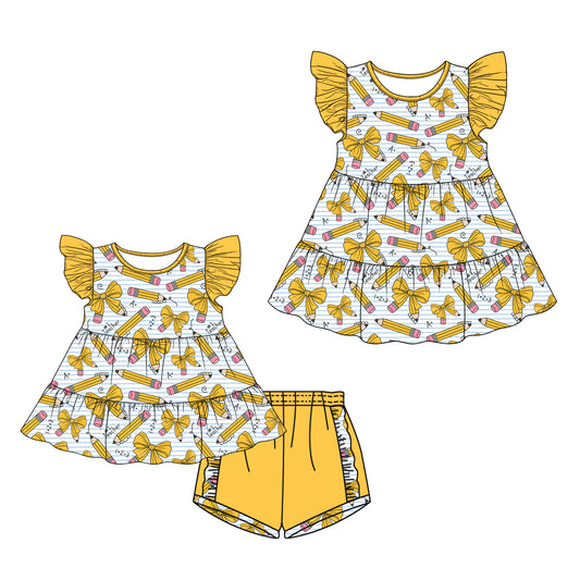 26.1.1 Custom MOQ:3 or 5 pcs each design milk silk Sibling baby girl clothes pencil bow short sleeve shorts sets and dress