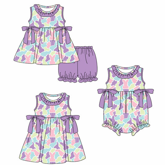 26.1.15 Custom MOQ:3 or 5 pcs each design milk silk Sibling baby girl clothes camouflage bunny short sleeve shorts sets and dress and romper