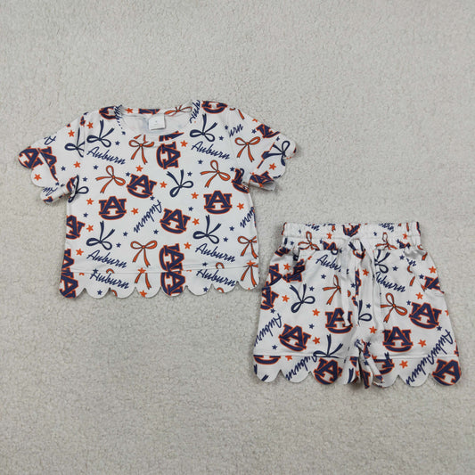 GSSO3252 Kids Baby Girls Short Sleeve Star Bows AU Top Scallop Shorts Team Clothes Sets