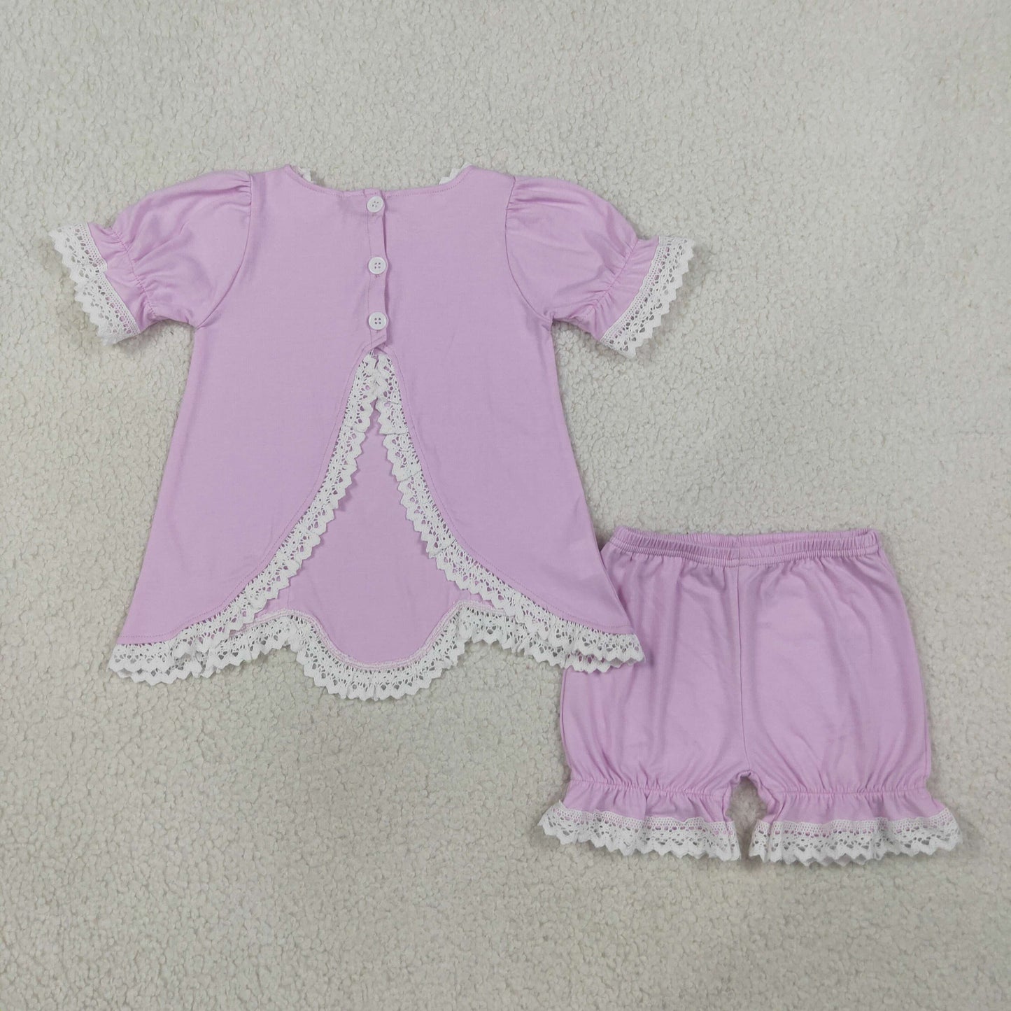 GSSO3681 Kids Clothing Baby Girls Short Sleeve Lavender Lace Back Button Tunic Ruffle Short Clothes Set