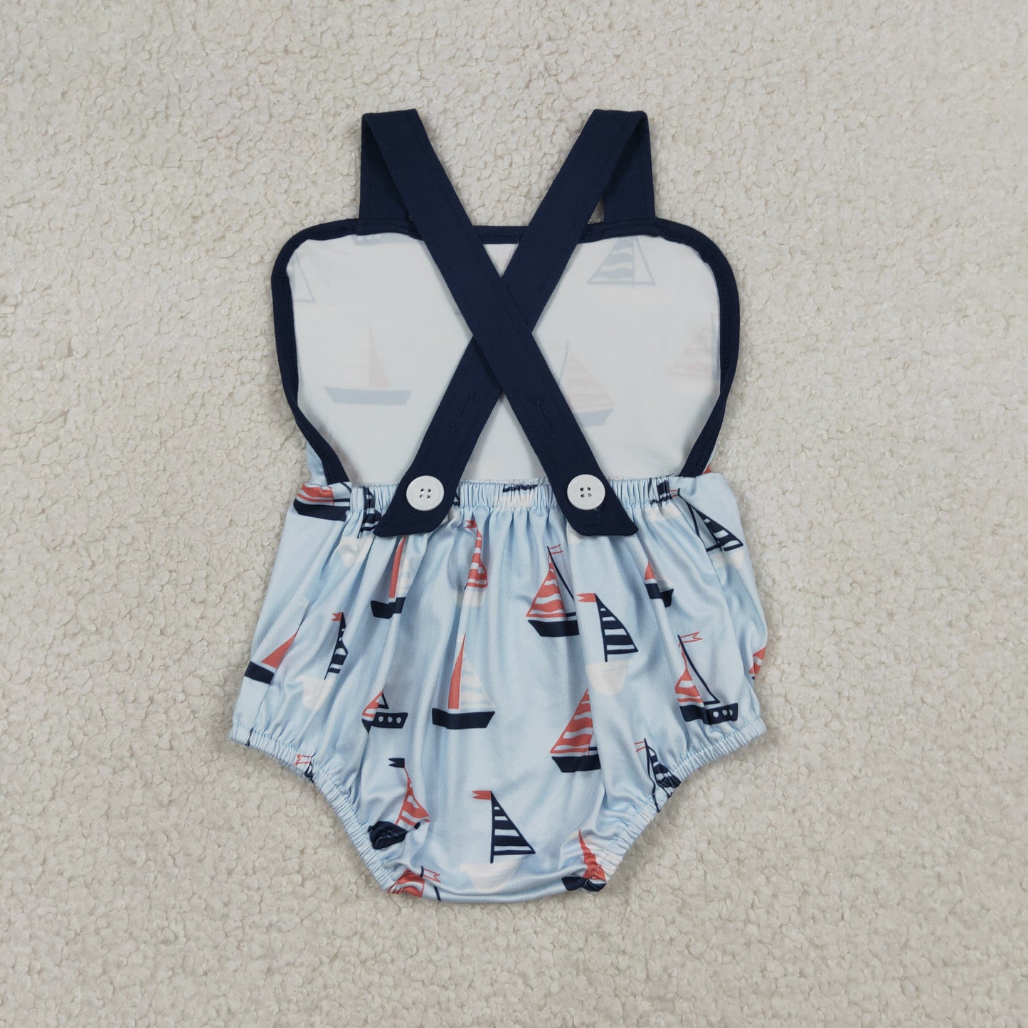 SR3945 Newborn Baby Boys Blue Strap Boats Plaid Rompers