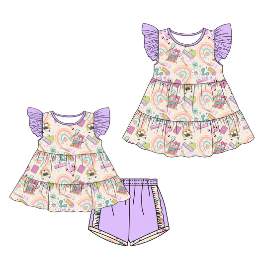 26.1.1 Custom MOQ:3 or 5 pcs each design milk silk Sibling baby girl clothes pencil bow short sleeve shorts sets and dress