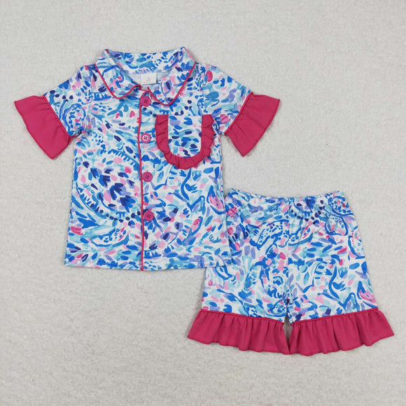 GSSO1096 Turtle deep sea pattern rose red lace short sleeve shorts set